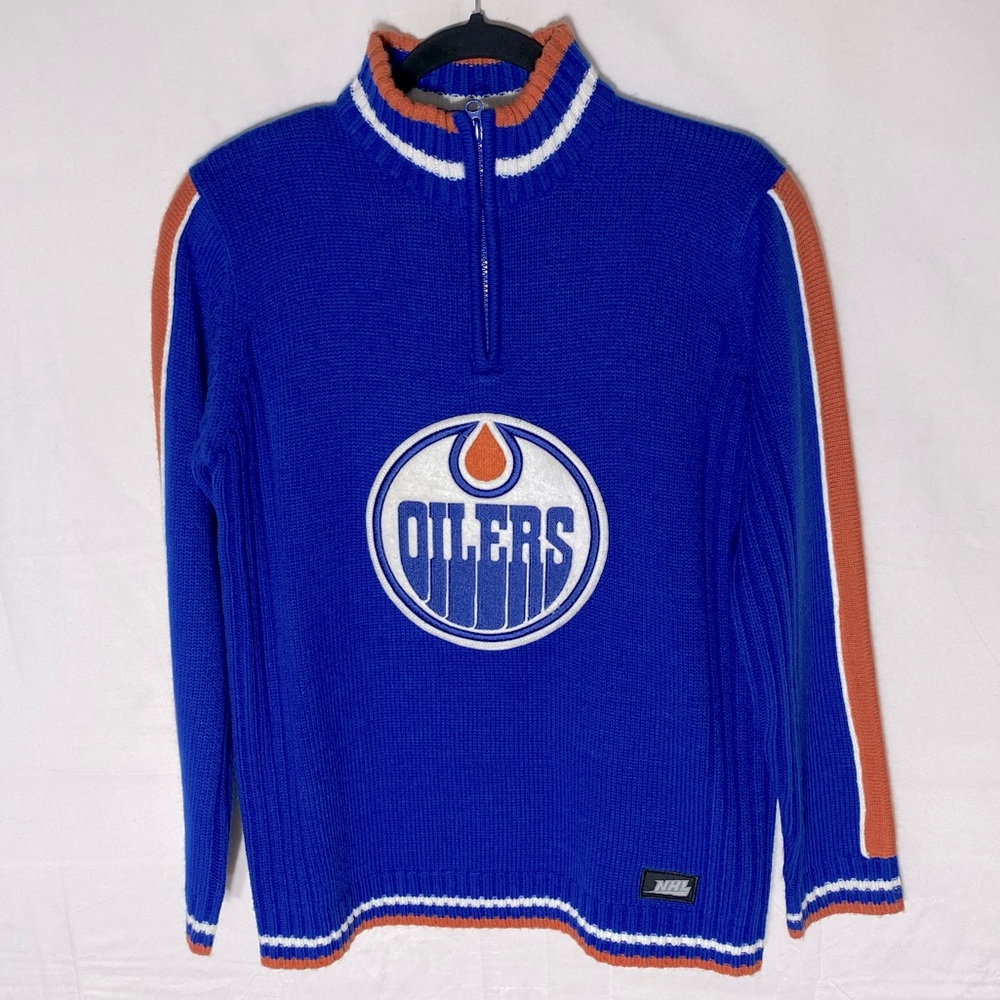 Vintage NHL Edmonton Oilers 1/4 Zip Mock Neck Pullover Knit Sweater L